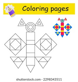 Coloring pages. Cartoon butterfly vector. Illustration for children education. Flat design.
