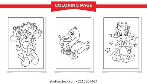 Coloring pages cartoon cat, duck and cow vector illustration