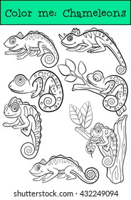 Coloring pages: Chameleons. The set of some little cute happy chameleons.