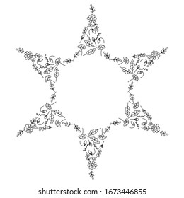Coloring pages for children and adults . Decorative six -pointed star with abstract flowers and leaves. Isolated on a white background. Hand- drawn doodles for a coloring book, cover , or background
