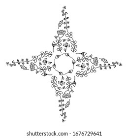 Coloring pages for children and adults . Decorative four -pointed star with abstract flowers and leaves. Isolated on a white background. Hand- drawn doodles for a coloring book, cover , or background