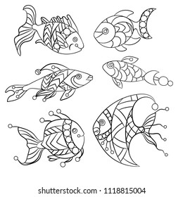 Coloring pages for children and adults with set of ocean and sea fishes in vector graphic illustration in ornament