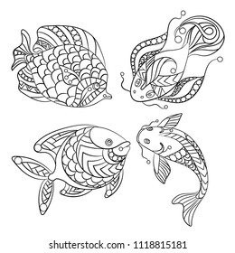 Coloring pages for children and adults with set of ocean and sea fishes in vector graphic illustration in ornament