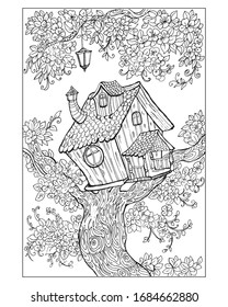 coloring pages for children and adults .Tree house illustration of a hand drawing