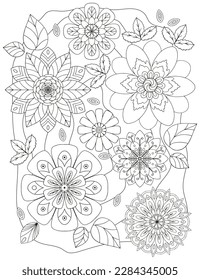 Coloring pages for children and adults.Blooming garden illustration hand drawing.   