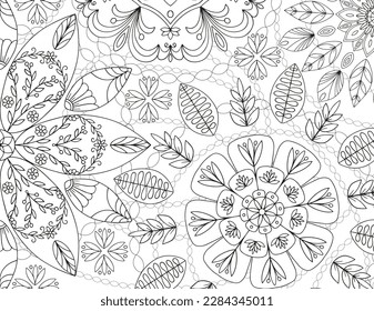 Coloring pages for children and adults.Blooming garden illustration hand drawing.   