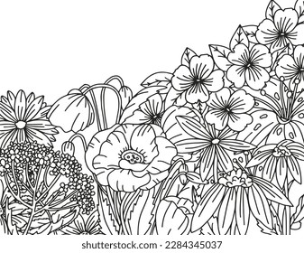 Coloring pages for children and adults.Blooming garden illustration hand drawing.   