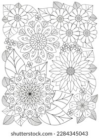 Coloring pages for children and adults.Blooming garden illustration hand drawing.   