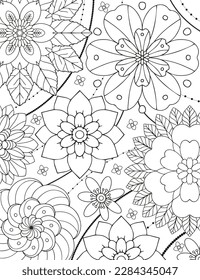 Coloring pages for children and adults.Blooming garden illustration hand drawing.   