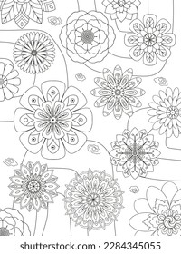 Coloring pages for children and adults.Blooming garden illustration hand drawing.   