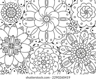 Coloring pages for children and adults.Blooming garden illustration hand drawing.  