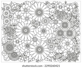 Coloring pages for children and adults.Blooming garden illustration hand drawing.  