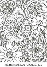 Coloring pages for children and adults.Blooming garden illustration hand drawing.  