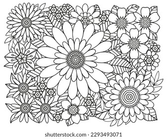  Coloring pages for children and adults.Blooming garden illustration hand drawing.  