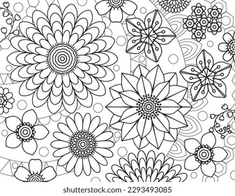  Coloring pages for children and adults.Blooming garden illustration hand drawing.  