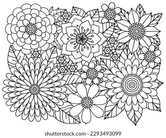  Coloring pages for children and adults.Blooming garden illustration hand drawing.  