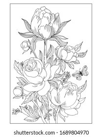 Coloring pages for children and adults.Flowers roses illustration hand drawing