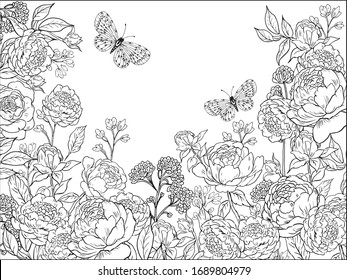 Coloring pages for children and adults.hand drawn flowers roses and butterflies