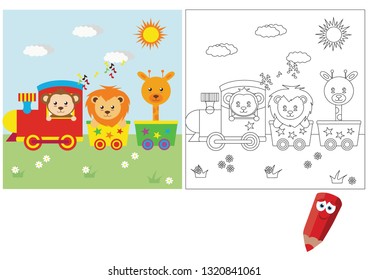 Coloring pages for children. Children's puzzles. Educational game for children. circus animals ride by train (monkey, lion, giraffe)