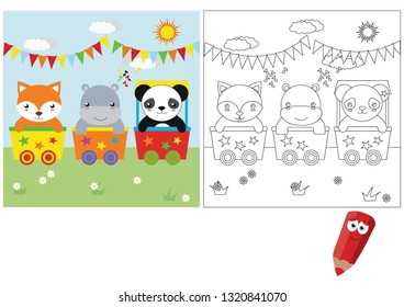 Coloring pages for children. Children's puzzles. Educational game for children. circus animals ride by train (fox, panda,hippopotamus)