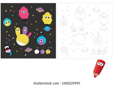 Coloring pages for children. Children's puzzles. Educational game for children. cosmic world, aliens