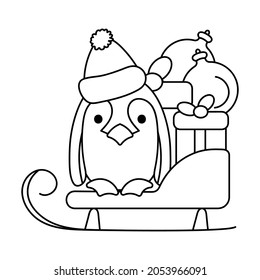 Coloring pages for children. Cute penguin and sled with gifts and Christmas decorations. Vector illustration
