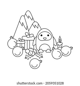 Coloring pages for children. Cute penguin, gift boxes and Christmas decorations on the background of mountains with snowy peaks. Vector illustration