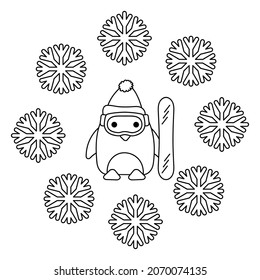 Coloring pages for children. Cute penguin, winter sports, snowflakes. Vector illustration,