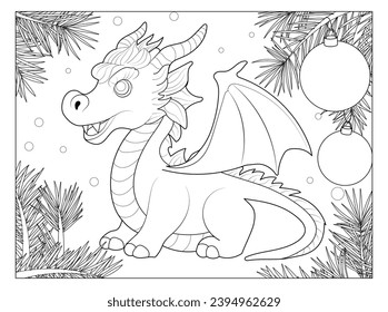 Coloring Pages for children. New year coloring book. Happy new year 2024. Year of the dragon. Antistress freehand sketch drawing. Vector graphic, EPS 10