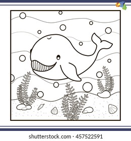 Coloring pages for children, vector coloring book a blue whale swimming under water.