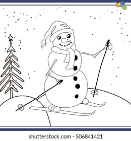 Coloring pages for children, vector coloring book. Snowman skiing downhill riding a roller coaster.
