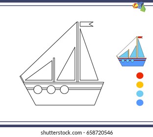 Coloring pages for children, vector coloring book, blue boat with sails