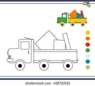 Coloring pages for children, vector coloring book, green truck. Toy car