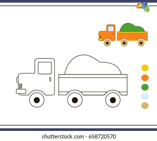 Coloring pages for children, vector coloring book, orange truck. Toy car