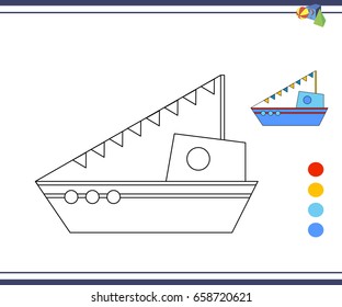 Coloring pages for children, vector coloring book, blue boat. Toy boat