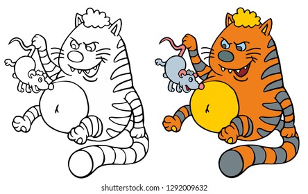 coloring pages for childrens with funny animals, cat with mouse