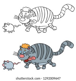 coloring pages for childrens with funny animals, cat with mouse