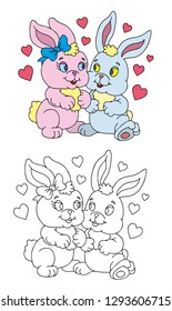 
coloring pages for childrens with funny animals, Valentine's Day, rabbits in love
