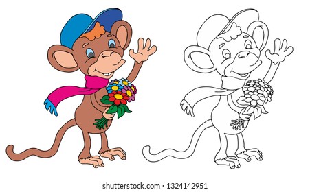 coloring pages for childrens with funny animals, monkey with flowers