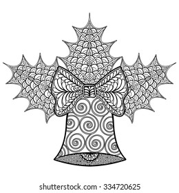 Coloring pages with Christmas decorative Bell and mistletoe, zentangle patterned illustration for adult anti stress Coloring books, New Year posters, vector black sketch isolated on white background.