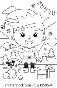 Coloring pages with christmas elf. Black and white illustration for coloring book