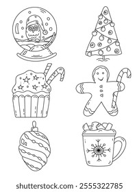 Coloring Pages Of Christmas Sets Featuring Christmas Attributes And Sweets For Kids And Adults