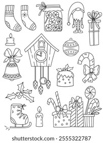 Coloring Pages Of Christmas Sets Featuring Christmas Attributes And Sweets For Kids And Adults