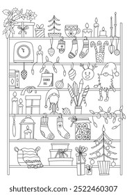 Coloring Pages of Christmas Shelves Filled With Christmas Gifts And Decorations