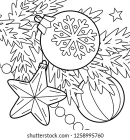 Coloring pages Christmas, winter decor. Hand drawn vector background with fir branches, beads, Christmas balls, star toy. Black and white. The best for your kids.