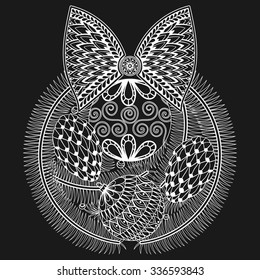 Coloring pages with Christmas wreath with decorative balls, bow and cones, zentangle illustration for adult anti stress Coloring books, New Year posters, vector sketch isolated on black background.