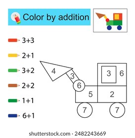 Coloring pages. Color by addition. Vector illustration for kids education. Cartoon excavator. Flat design.