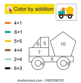 Coloring pages. Color by addition. Vector illustration for kids education. Cartoon truck. 