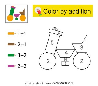 Coloring pages. Color by addition. Vector illustration for kids education. Cartoon motorcycle. 