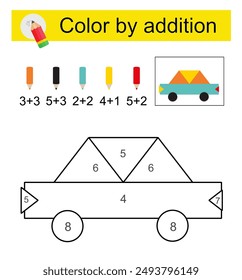 Coloring pages. Color by addition. Vector illustration for children education. Cartoon car. 